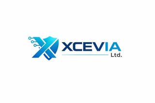 XCEVIA logo featuring blue circuit board and arrow design representing technology and innovation
